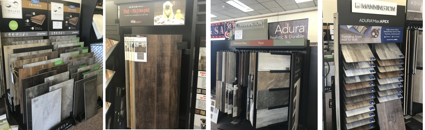 Flooring options collage — vinyl, laminate, and hardwood samples